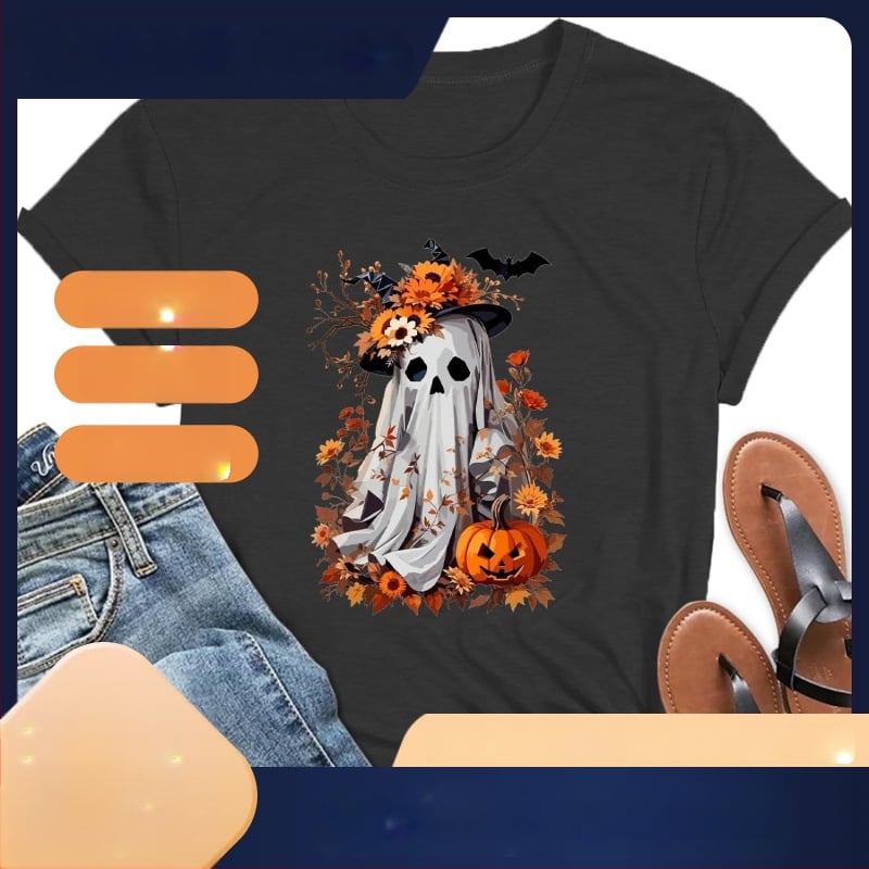 Dámske tričko na Halloween s motívom ducha a tekvice – jesenný kvetinový vzor, európska veľkosť