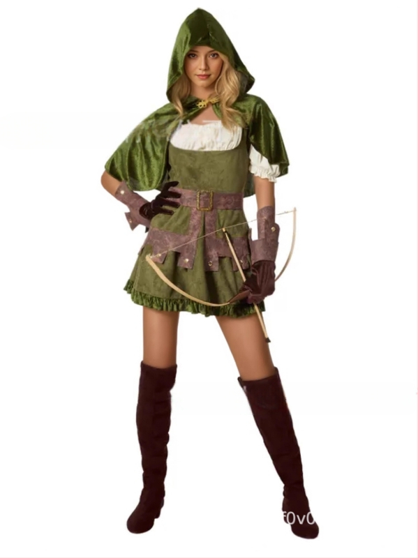 Zelený velúrový set sukne a plášťa Robin Hood pre ženy, retro stredoveký nordický cosplay kostým