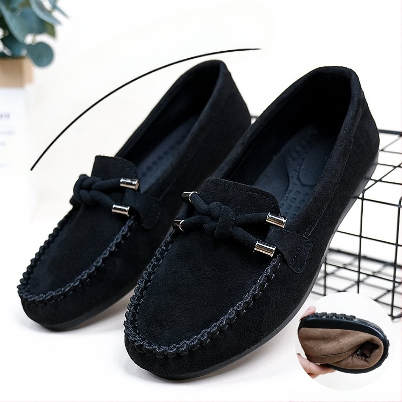 Pantofi damă slip-on din piele întoarsă neagră, talpă moale, anti-derapare, casual pentru ziua de zi