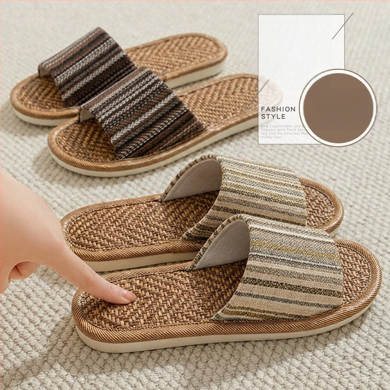 Unisex papuče v japonskom štýle z ľanovej tkaniny do domácnosti, protišmykové, tiché, priedušné, odvádzajú pot, s pruhovaným vzorom, celoročné vnútorné papuče