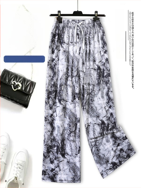 Pantaloni din Ice Silk pentru femei, cu imprimeu floral, casual pentru casă, protecție împotriva țânțarilor, talie înaltă, croială dreaptă