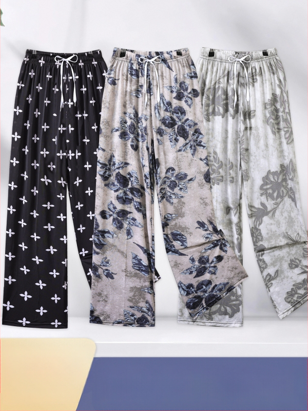 Pantaloni din Ice Silk pentru femei, cu imprimeu floral, casual pentru casă, protecție împotriva țânțarilor, talie înaltă, croială dreaptă