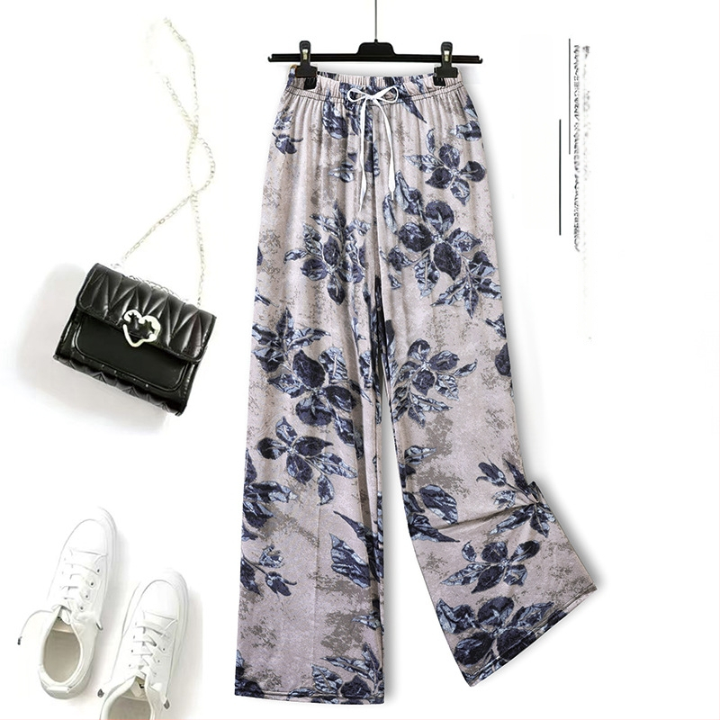 Pantaloni din Ice Silk pentru femei, cu imprimeu floral, casual pentru casă, protecție împotriva țânțarilor, talie înaltă, croială dreaptă