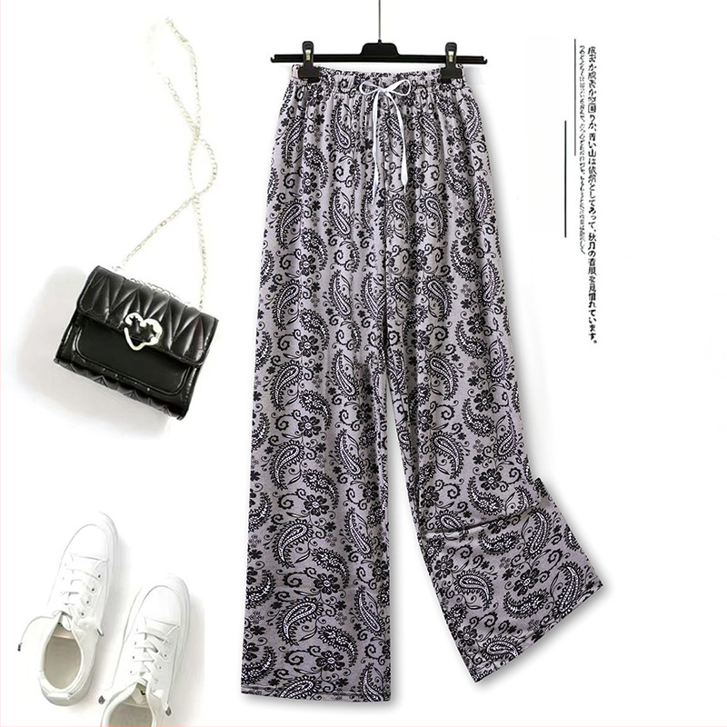Pantaloni din Ice Silk pentru femei, cu imprimeu floral, casual pentru casă, protecție împotriva țânțarilor, talie înaltă, croială dreaptă