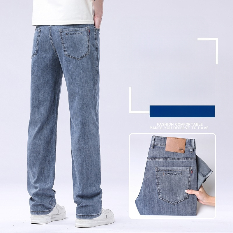 Pantaloni din denim cu talie înaltă, croială dreaptă, elastici, țesătură ultra-moale