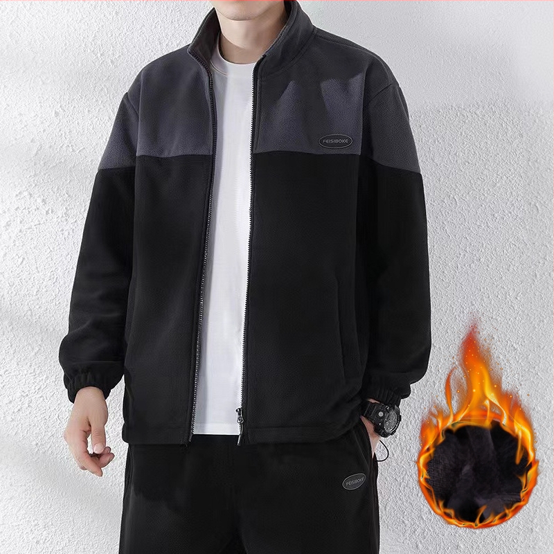 Férfi polár fleece sportkabát állógallérral, cipzárral, téli viselet, plusz méret, egyszerű színblokkokkal