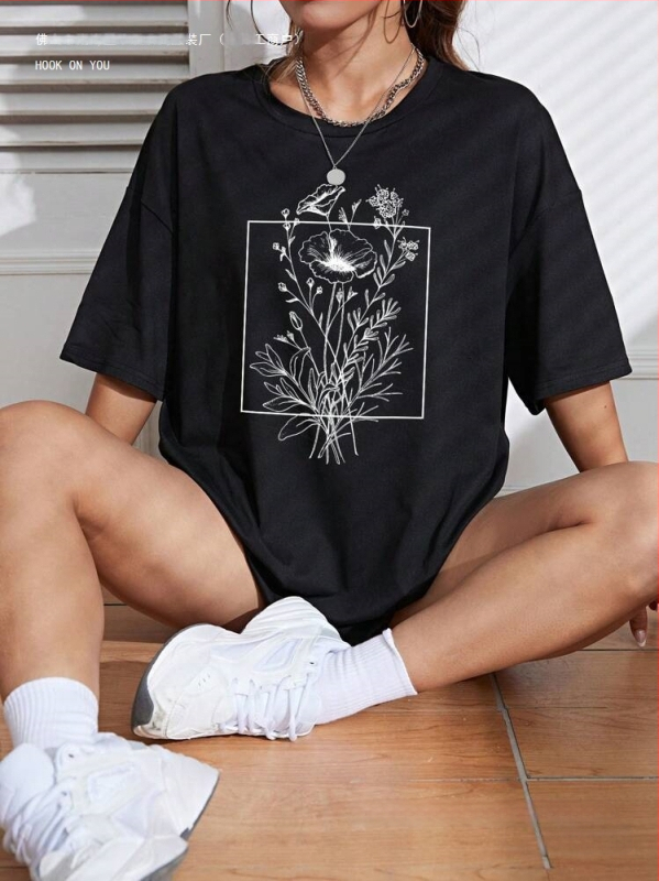 SHEIN EZwear Virágmintás felső, drop shoulder – grafikus női póló