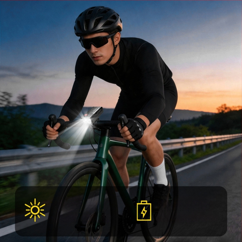 USB-C újratölthető első kerékpár lámpa – éjszakai bringázáshoz, kültéri kerékpározáshoz, MTB-hez, akkumulátor-üzemidő jelzővel