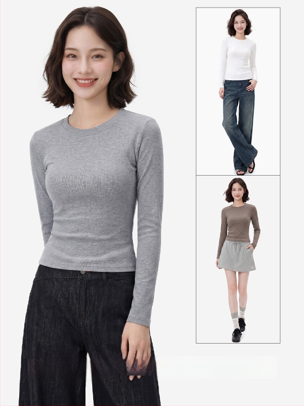 Γυναικεία μακρυμάνικη T‑shirt με ιαπωνικό casual στυλ, μονόχρωμη, στρογγυλός λαιμός, εφαρμοστή γραμμή, slim fit, φθινοπωρινό κλασικό
