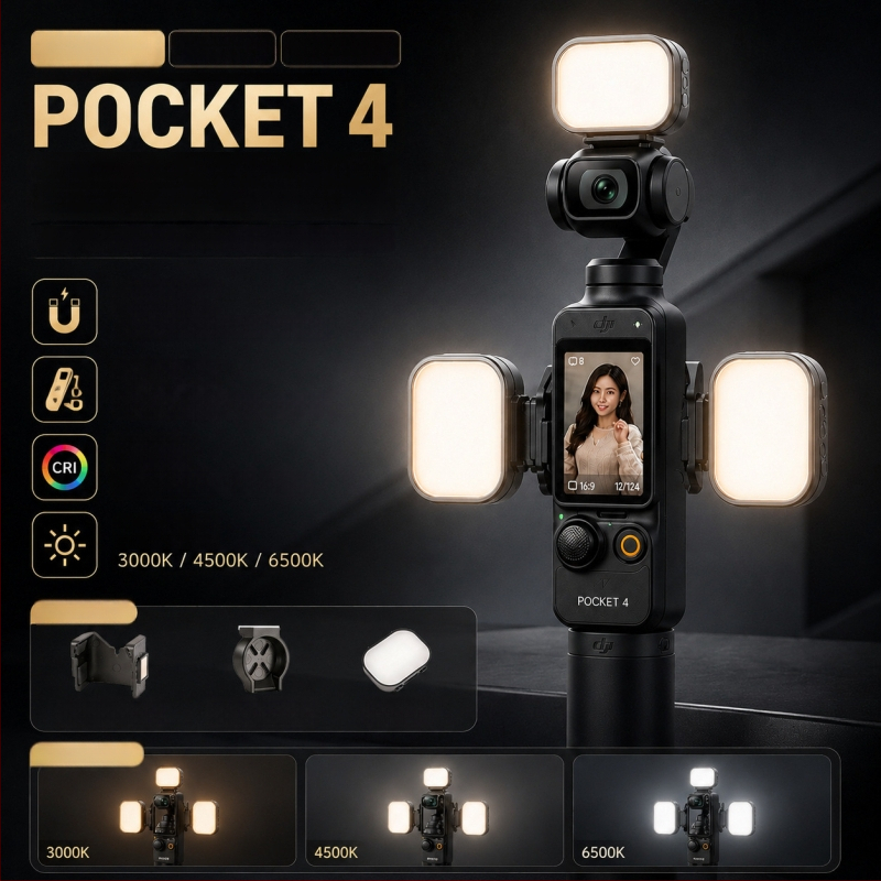 DJI Pocket 4 mágneses fénykészlet, három színhőmérséklettel, hordozható sminkfény akciókamerákhoz