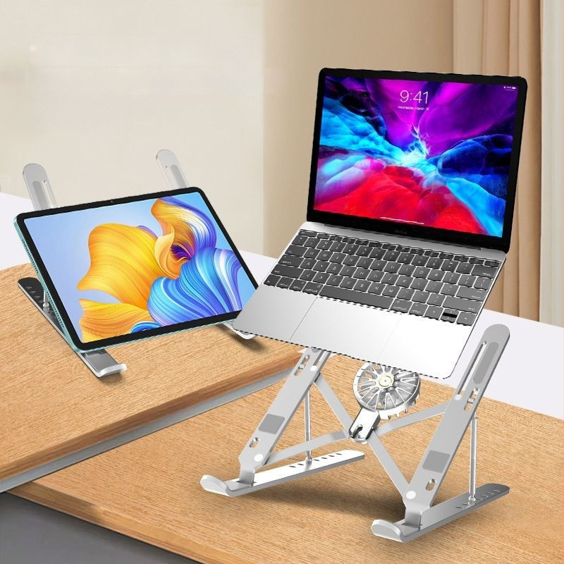 Alumíniumötvözetes laptopállvány asztali használatra, állítható magasság és dőlésszög, hőelvezetés, összecsukható és tárolható.