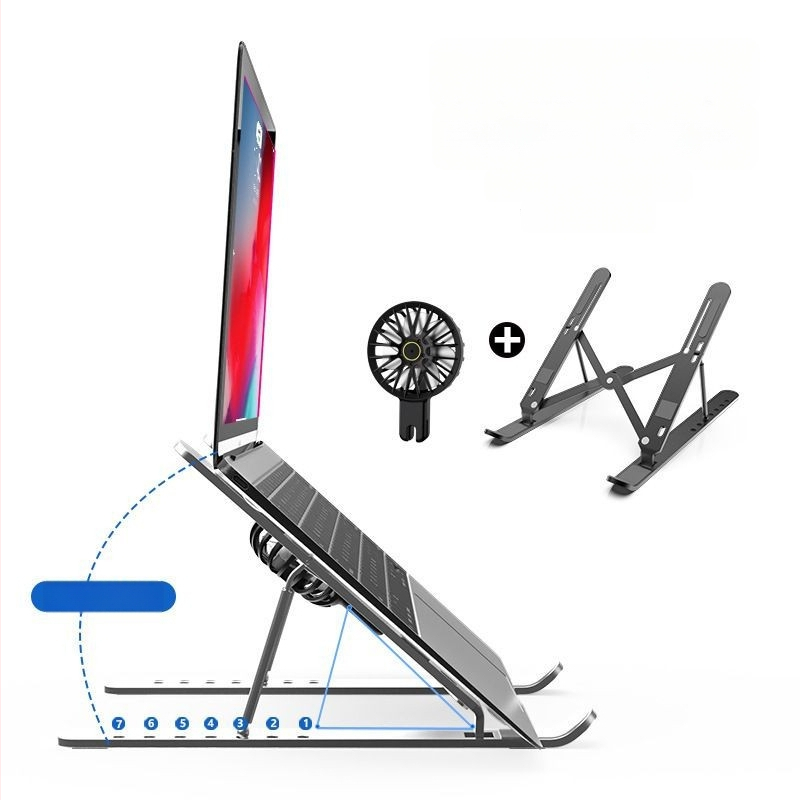 Alumíniumötvözetes laptopállvány asztali használatra, állítható magasság és dőlésszög, hőelvezetés, összecsukható és tárolható.