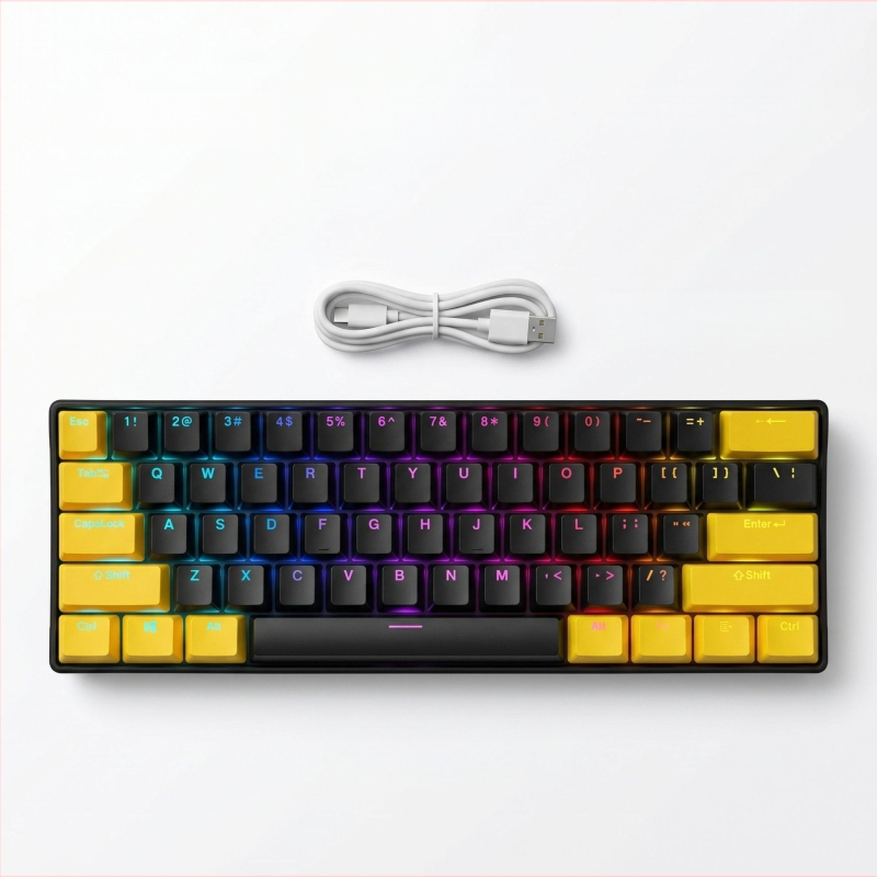 K61 61‑gombos mechanikus billentyűzet kék, piros, barna és fekete kapcsolókkal, leválasztható Type-C kábel, RGB világítás, játékhoz