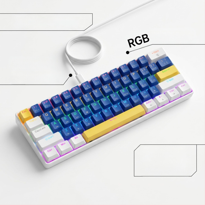 K61 61‑gombos mechanikus billentyűzet kék, piros, barna és fekete kapcsolókkal, leválasztható Type-C kábel, RGB világítás, játékhoz