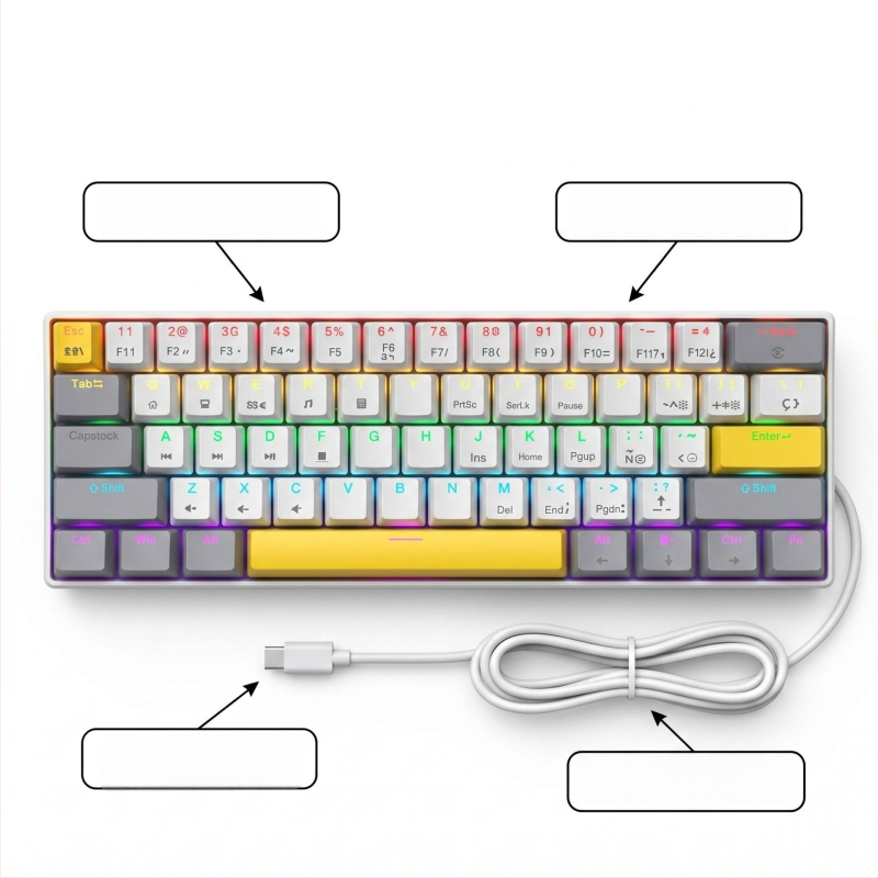 K61 61‑gombos mechanikus billentyűzet kék, piros, barna és fekete kapcsolókkal, leválasztható Type-C kábel, RGB világítás, játékhoz