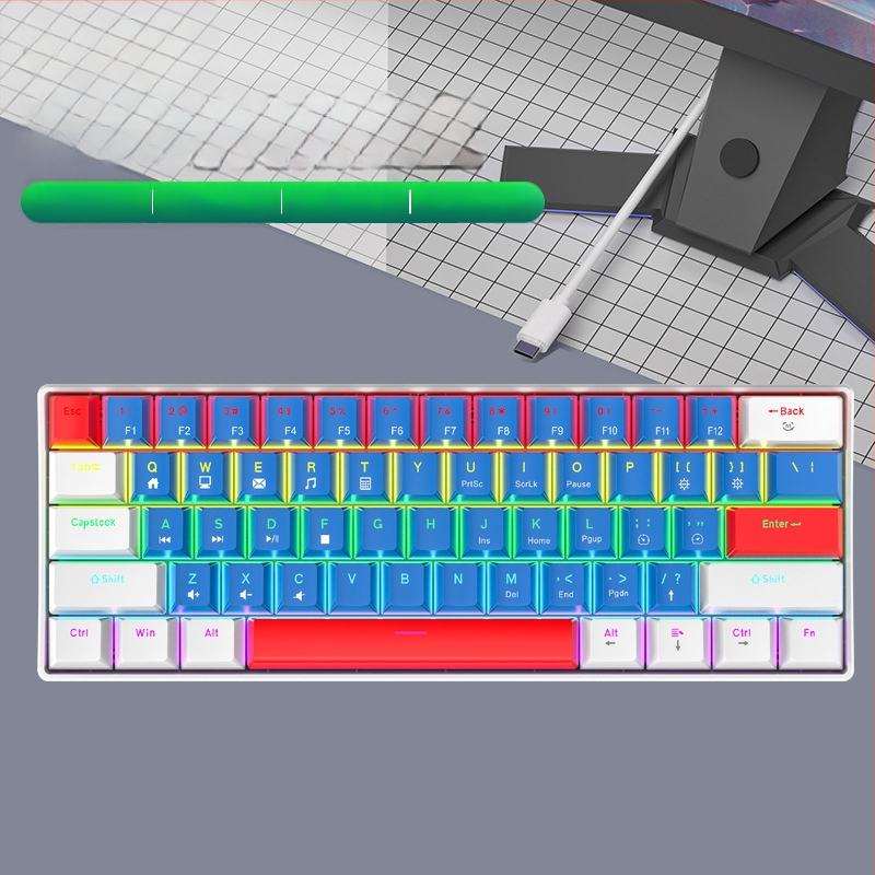 K61 61‑gombos mechanikus billentyűzet kék, piros, barna és fekete kapcsolókkal, leválasztható Type-C kábel, RGB világítás, játékhoz