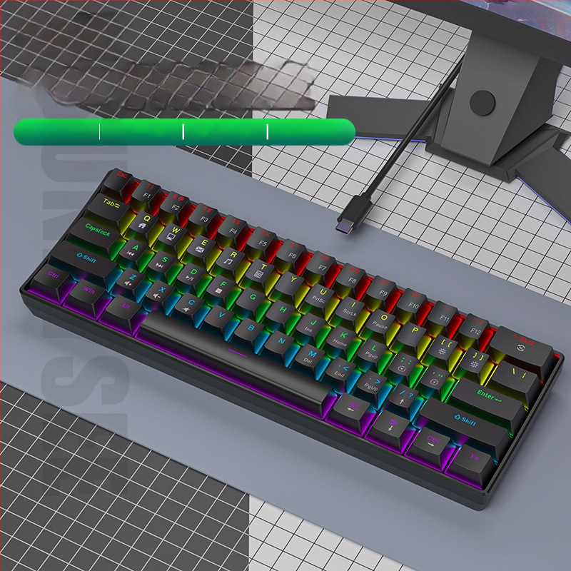 K61 61‑gombos mechanikus billentyűzet kék, piros, barna és fekete kapcsolókkal, leválasztható Type-C kábel, RGB világítás, játékhoz