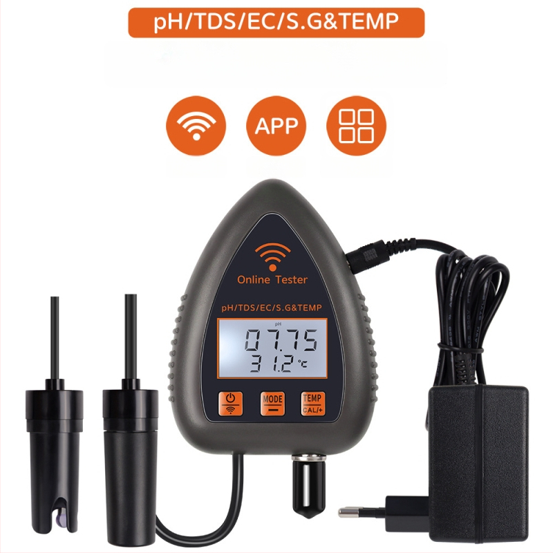 5-az-1-ben WiFi és Bluetooth vízminőség-monitor pH, TDS, EC, SG és hőmérséklet