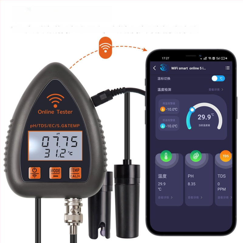 5-az-1-ben WiFi és Bluetooth vízminőség-monitor pH, TDS, EC, SG és hőmérséklet