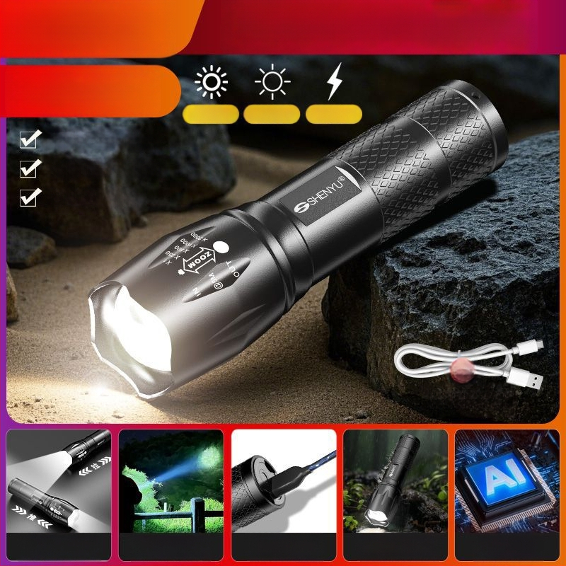 T6 Zoom elemlámpa – kompakt, rendkívül fényes LED, hosszú hatótávolsággal, újratölthető, kültéri és otthoni használatra.