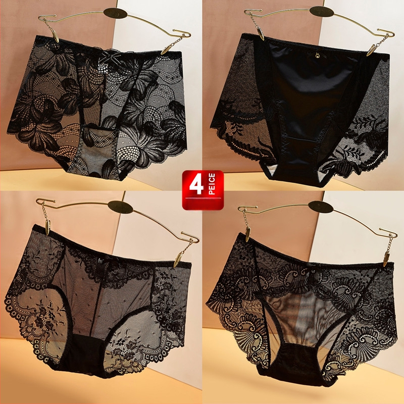 4 darabos csipés hálószövött áttetsző női alsónemű, seamless, sportos stílus, vékony anyag, Plusz méret, középmagas derekú, fekete
