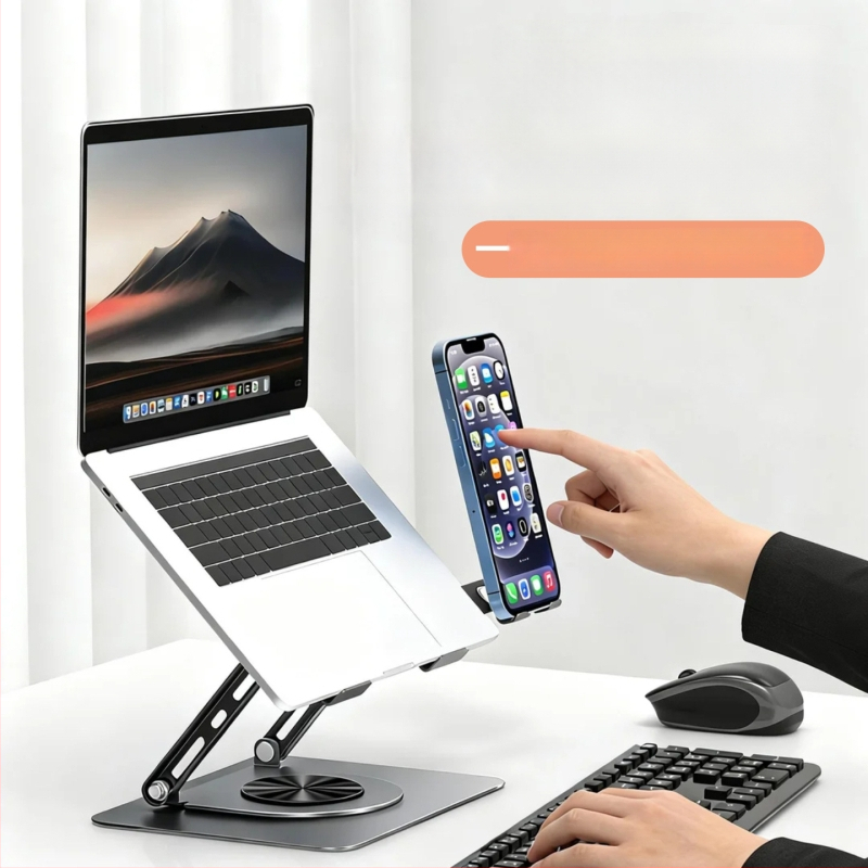 Szénacélból készült laptop-tartó telefon-tartóval, 360°-ban forgatható, összecsukható, magasságban állítható, hűtőállvány