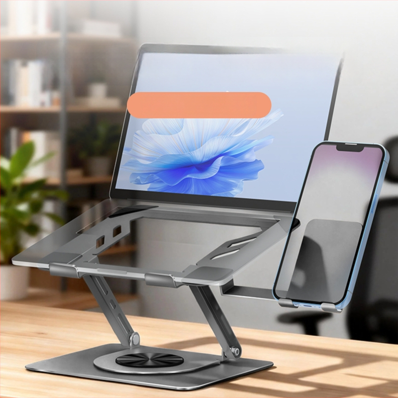 Szénacélból készült laptop-tartó telefon-tartóval, 360°-ban forgatható, összecsukható, magasságban állítható, hűtőállvány