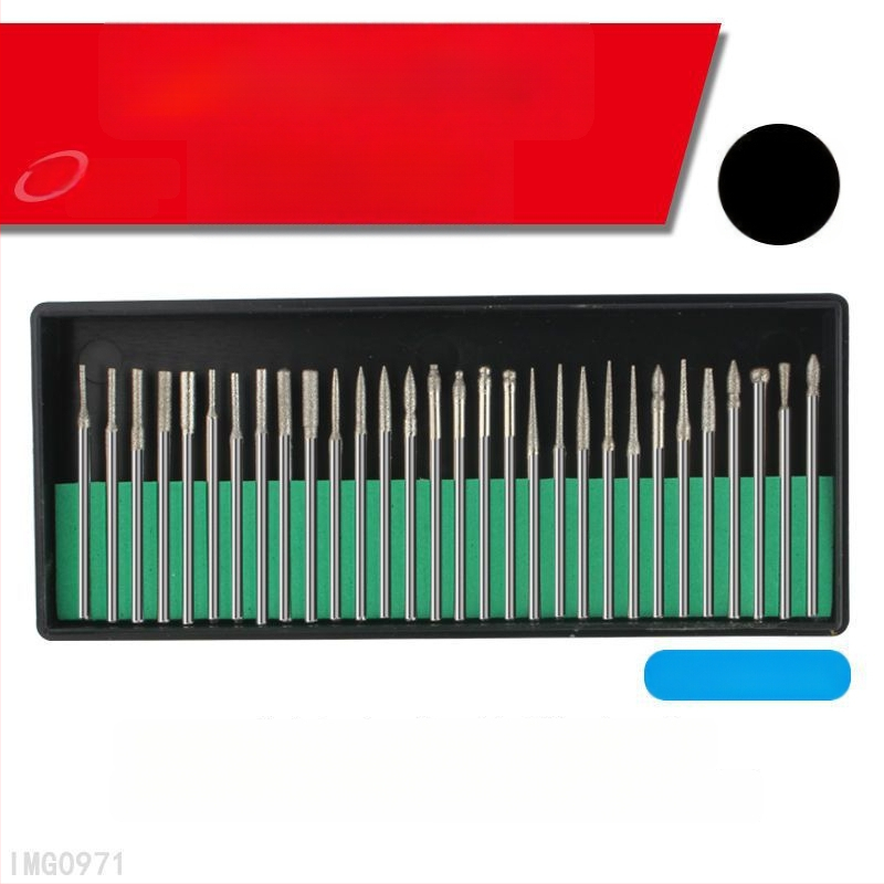 Gyémánt csiszolófejek, 30 darabos készlet zöld dobozban, 2,35/3,0 mm szárú, manikűrhöz