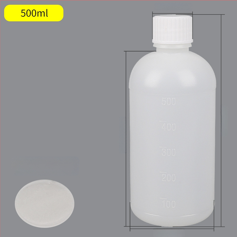 500 ml PE műanyag palack keskeny nyakkal és mérőskálával — részben átlátszó reagens palack csavaros kupakkal