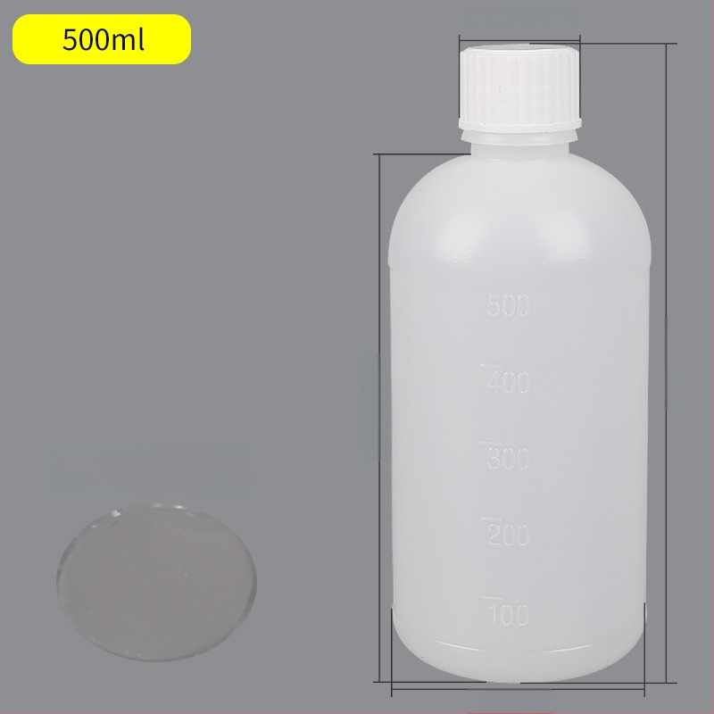 500 ml PE műanyag palack keskeny nyakkal és mérőskálával — részben átlátszó reagens palack csavaros kupakkal