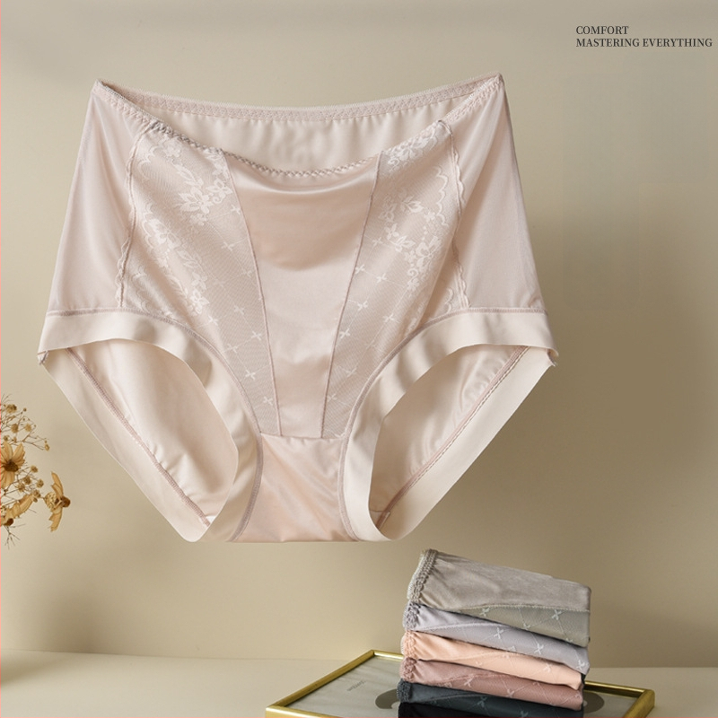 Plusz méretű hálószálas csipkés női alsónemű, magas derék, szatén Ice Silk felület, lélegző pamut bélés a szemérem résznél