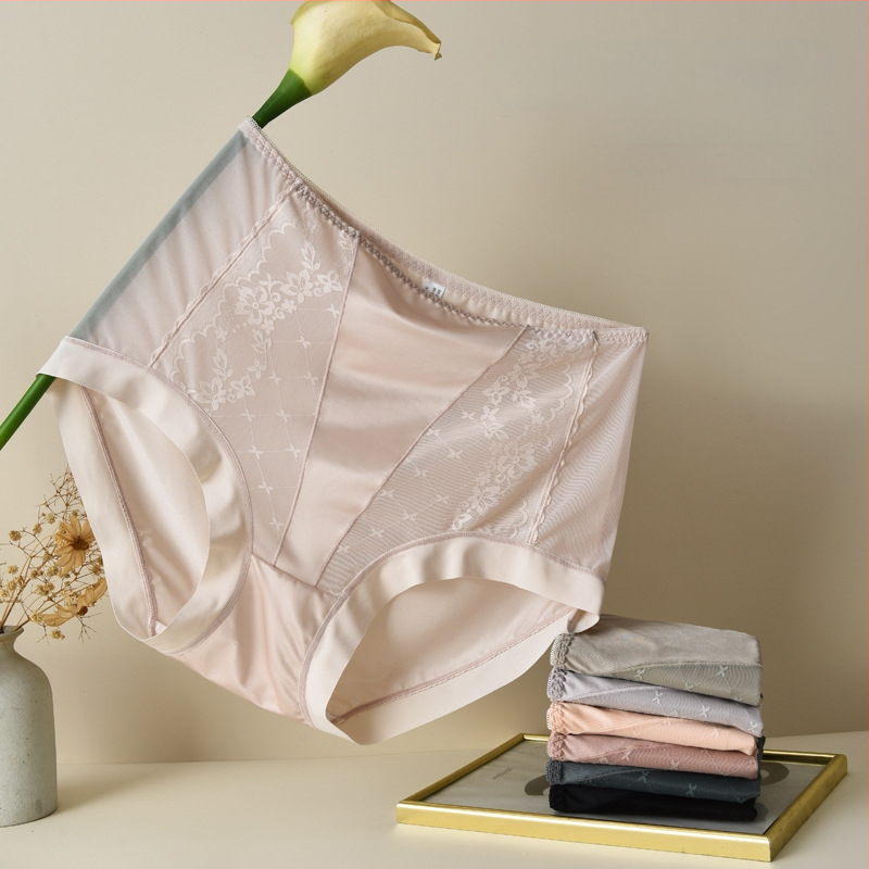Plusz méretű hálószálas csipkés női alsónemű, magas derék, szatén Ice Silk felület, lélegző pamut bélés a szemérem résznél