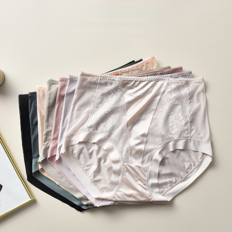 Plusz méretű hálószálas csipkés női alsónemű, magas derék, szatén Ice Silk felület, lélegző pamut bélés a szemérem résznél