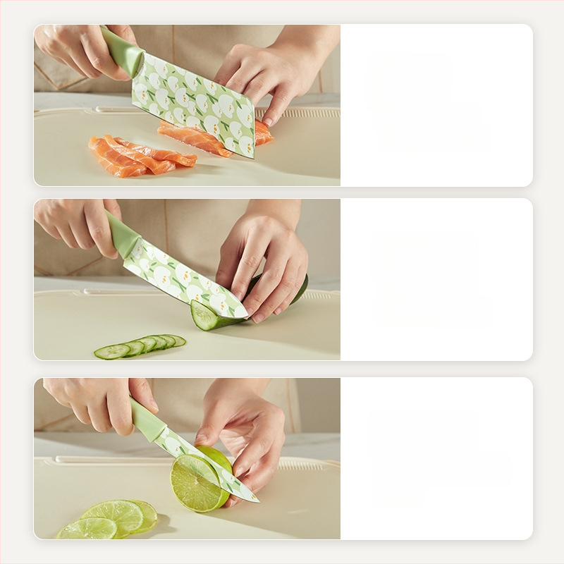 Set de cuțite bucătării Grass Bean cu imprimeu lalea — cuțit bucătărie, cuțit universal, cuțit pentru fructe și cuțit pentru feliat