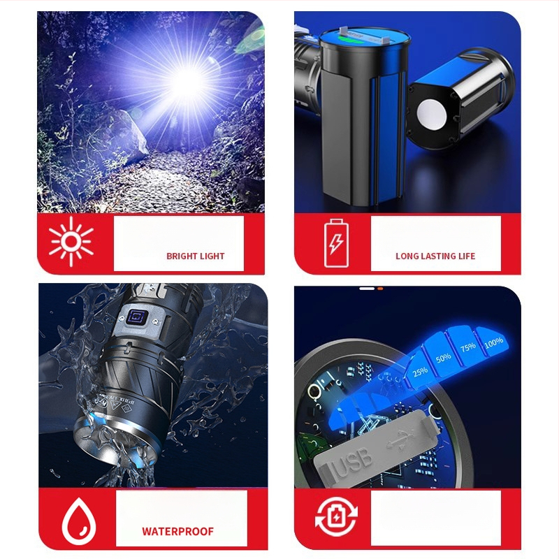 Fener LED Yinnuo pentru exterior - reîncărcabil, ultra-luminos, rază lungă peste 500 m, impermeabil, portabil, lanternă tactică de căutare