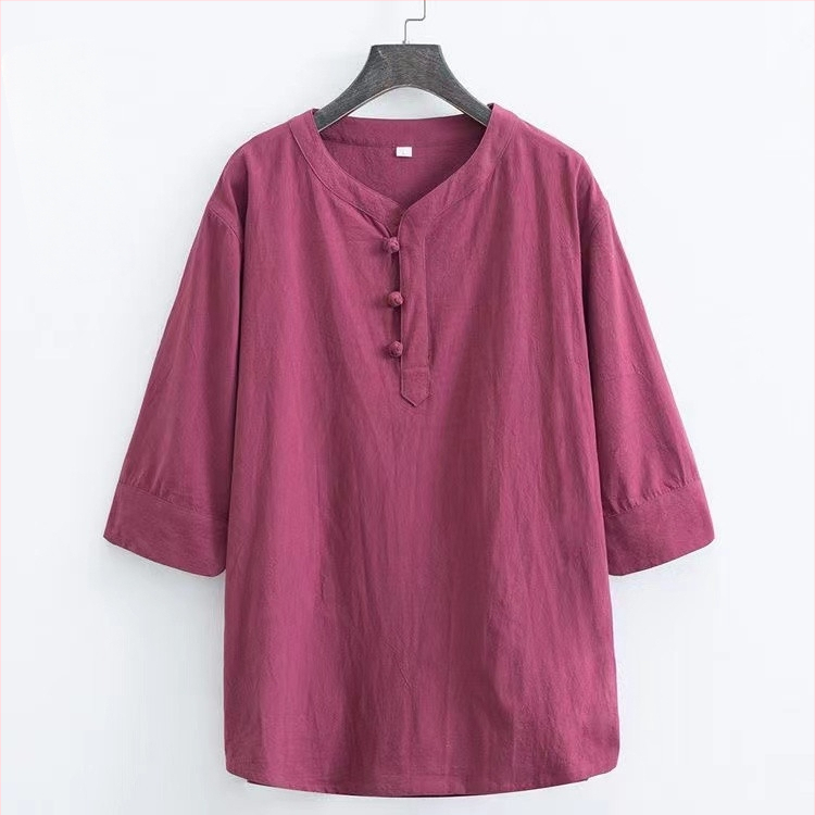 Tricou bărbătesc din bumbac, stil chinezesc, mâneci scurte, croială lejeră, cu nasturi