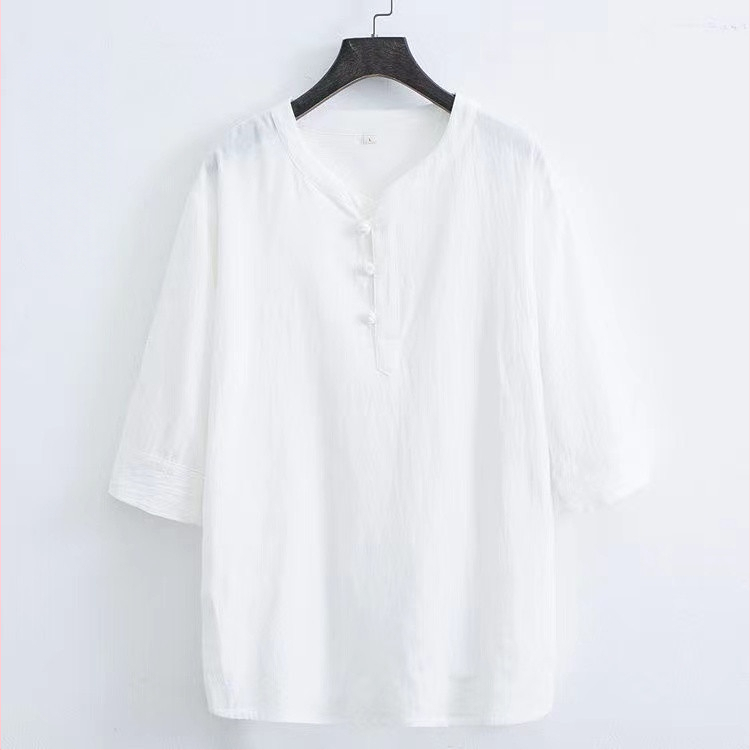 Tricou bărbătesc din bumbac, stil chinezesc, mâneci scurte, croială lejeră, cu nasturi