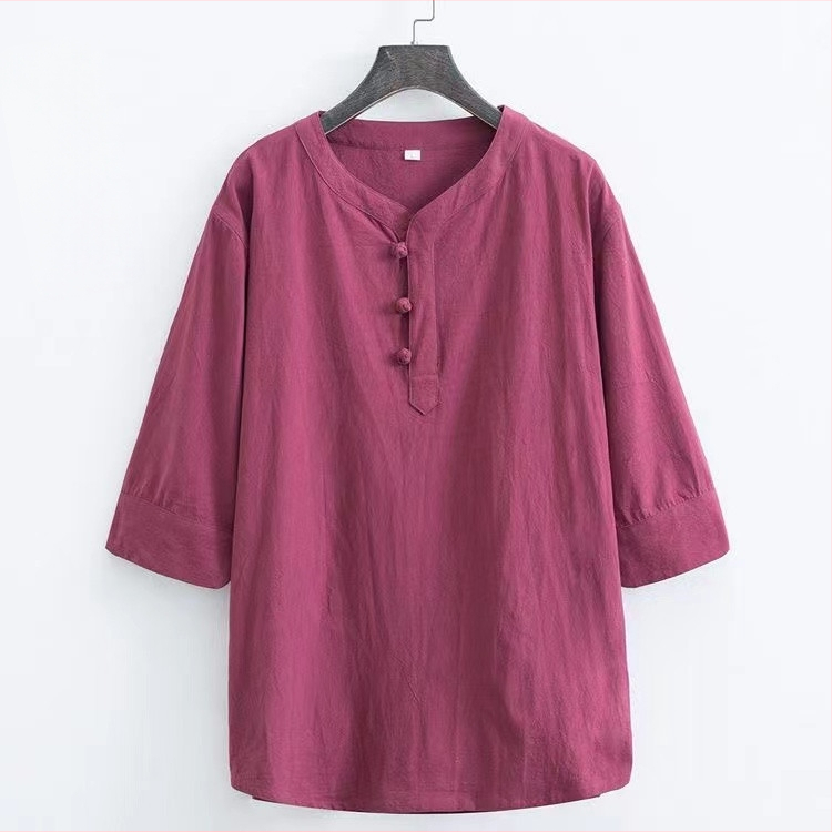 Tricou bărbătesc din bumbac, stil chinezesc, mâneci scurte, croială lejeră, cu nasturi