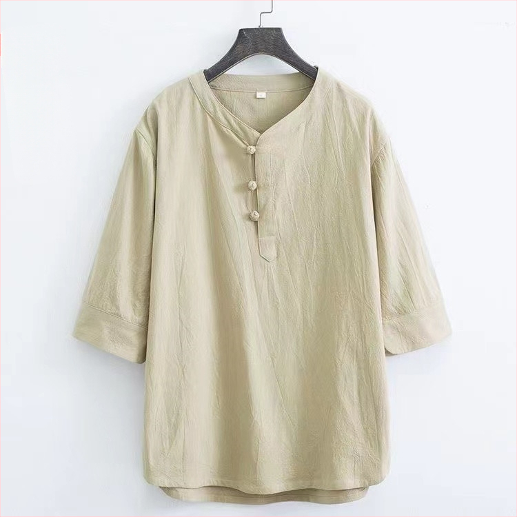 Tricou bărbătesc din bumbac, stil chinezesc, mâneci scurte, croială lejeră, cu nasturi