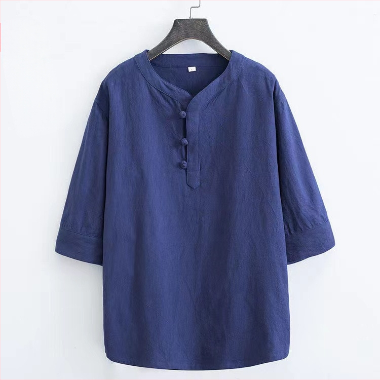 Tricou bărbătesc din bumbac, stil chinezesc, mâneci scurte, croială lejeră, cu nasturi