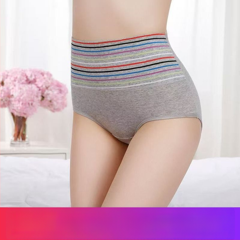 Chiloți pentru femei din bumbac cu talie înaltă, dungi, control al abdomenului și ridicare a fesierilor, respirabili
