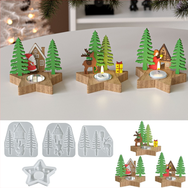 Formă din silicon pentru creații DIY: lumânări din ipsos parfumate și figuri festive de Crăciun — brad, ren, Moș Crăciun, Om de zăpadă