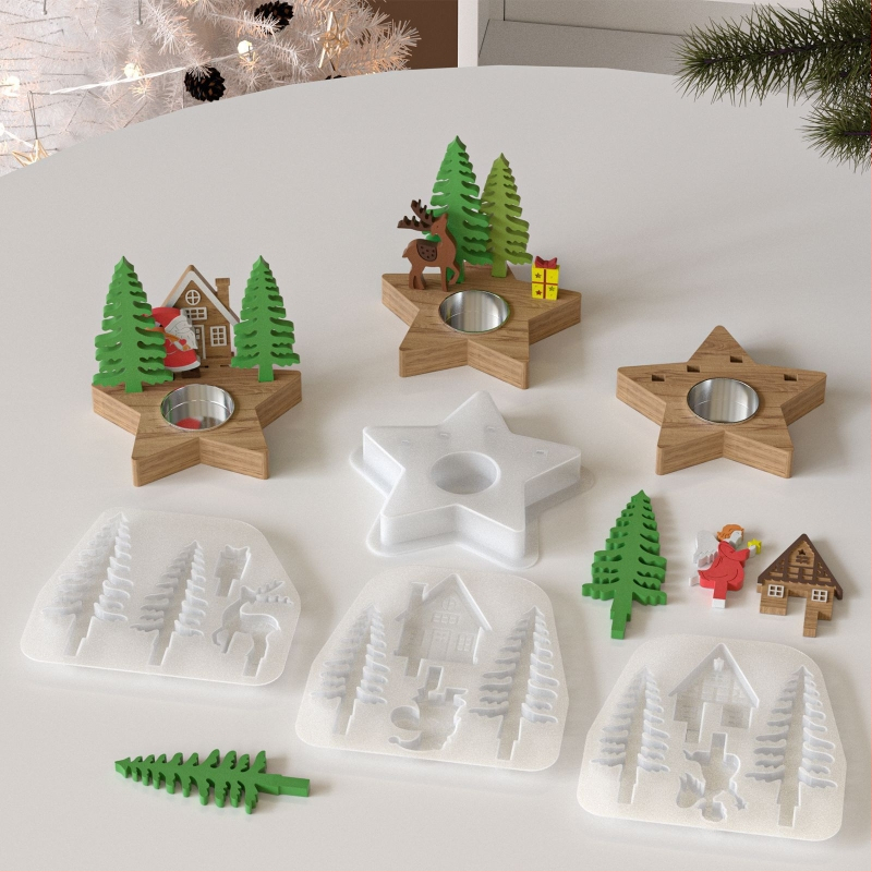 Formă din silicon pentru creații DIY: lumânări din ipsos parfumate și figuri festive de Crăciun — brad, ren, Moș Crăciun, Om de zăpadă