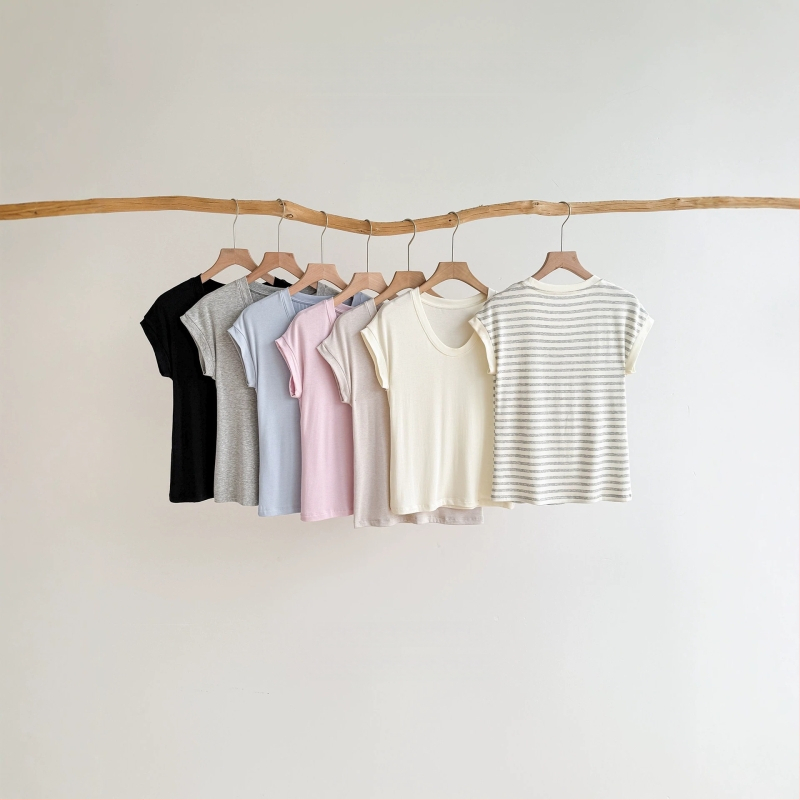 Tricou damă de vară din amestec mătase-lână, Tencel Modal, Slim Fit, guler în formă de U, umeri căzuți