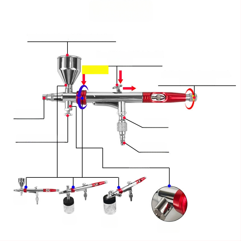 Aeroograf pentru modelism, acțiune dublă, rotire la 360°, duză 0,3 mm, rezervoare superioare, inferioare și laterale, trei moduri de pulverizare