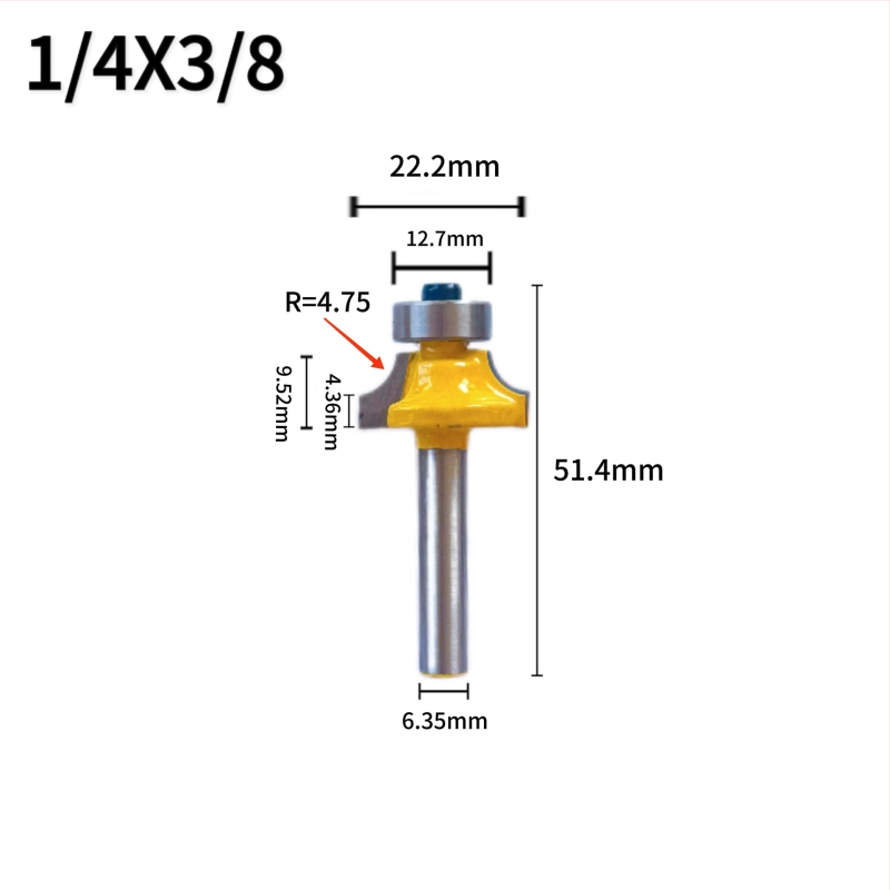Freză cu ax de 1/4 pentru colțuri rotunde, set de patru piese pentru prelucrarea lemnului: freză arc, freză șanț, freză colț R