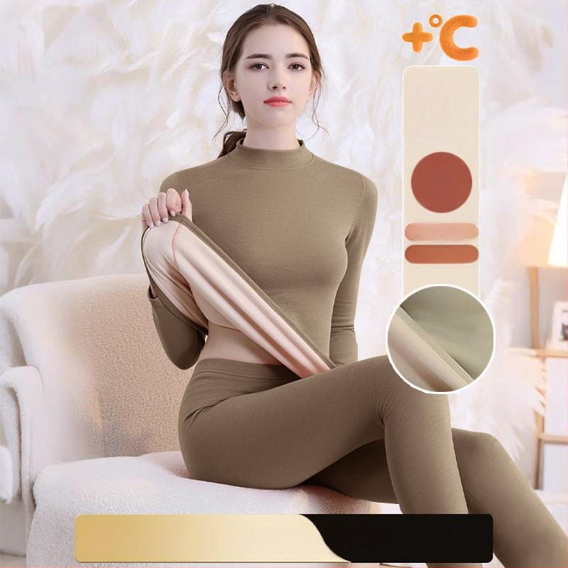 Set de lenjerie termică cu căptușeală din fleece, gros pentru toamnă și iarnă, tops și pantaloni termici pentru femei, țesătură periată pe ambele fețe