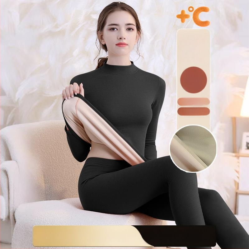 Set de lenjerie termică cu căptușeală din fleece, gros pentru toamnă și iarnă, tops și pantaloni termici pentru femei, țesătură periată pe ambele fețe