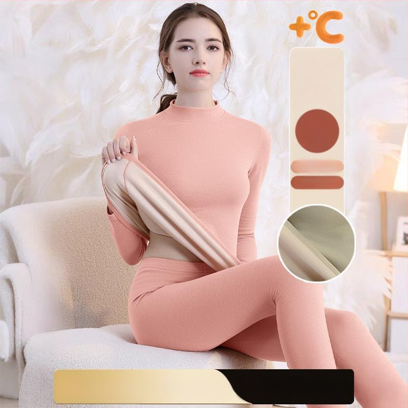 Set de lenjerie termică cu căptușeală din fleece, gros pentru toamnă și iarnă, tops și pantaloni termici pentru femei, țesătură periată pe ambele fețe