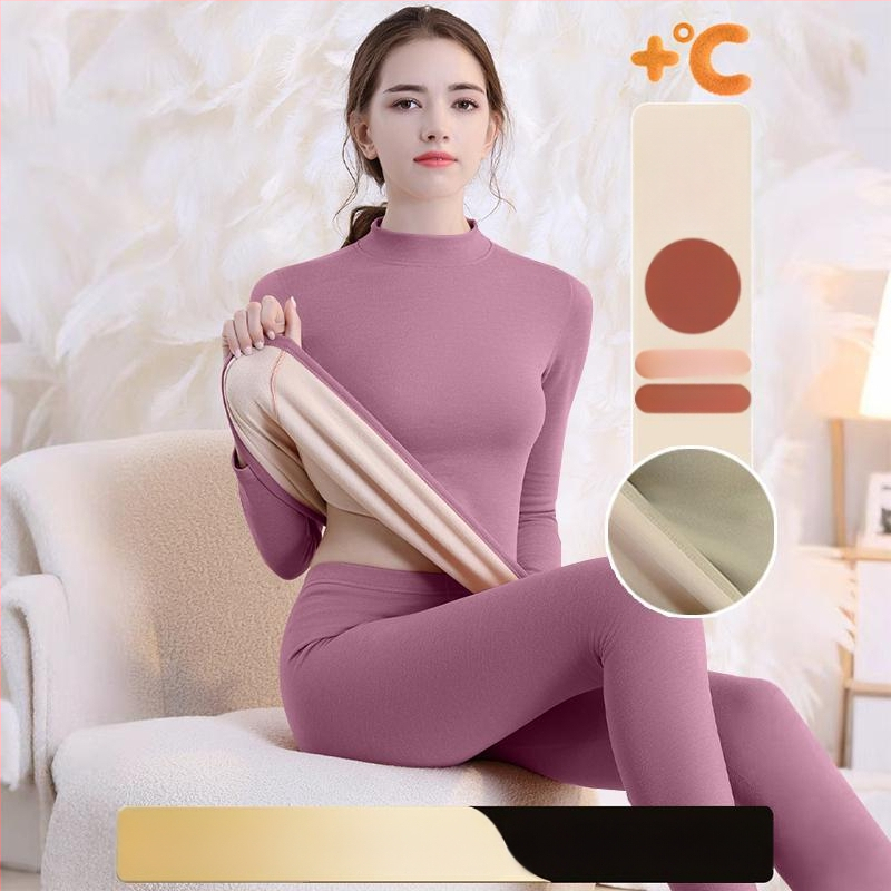 Set de lenjerie termică cu căptușeală din fleece, gros pentru toamnă și iarnă, tops și pantaloni termici pentru femei, țesătură periată pe ambele fețe